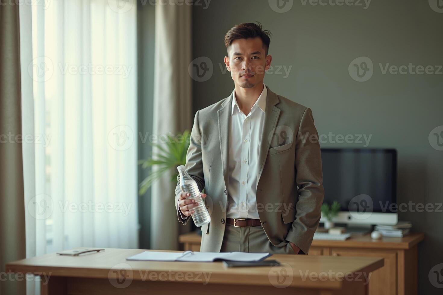 photo of man in outfit with hand giving bottle of water in the house,