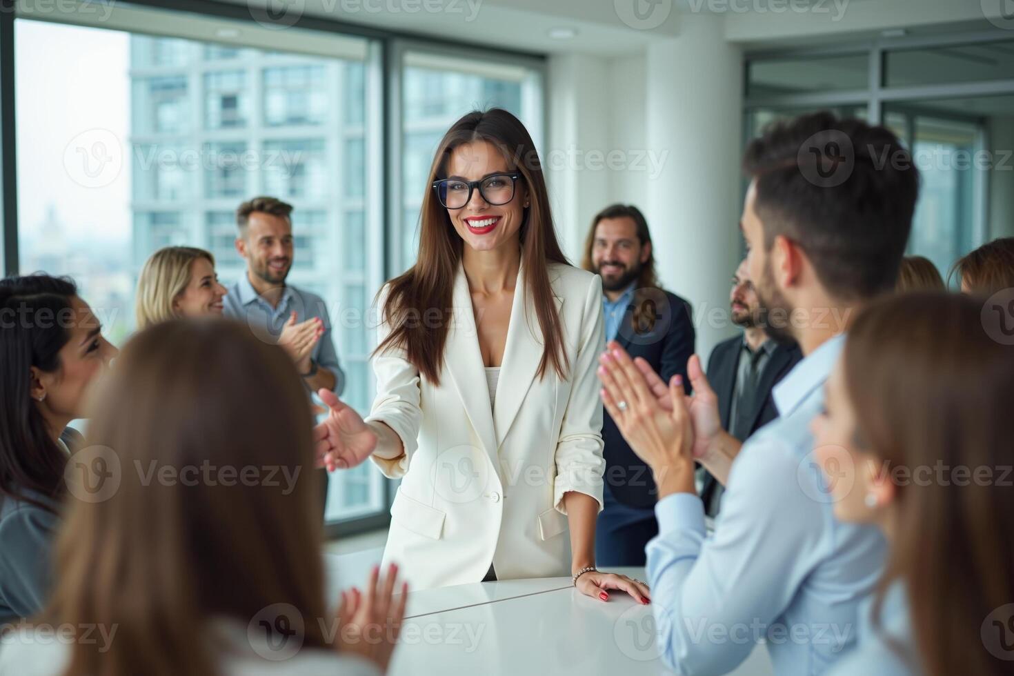 photo of woman in white blazer with open hand and colleagues meeting promote in the office,