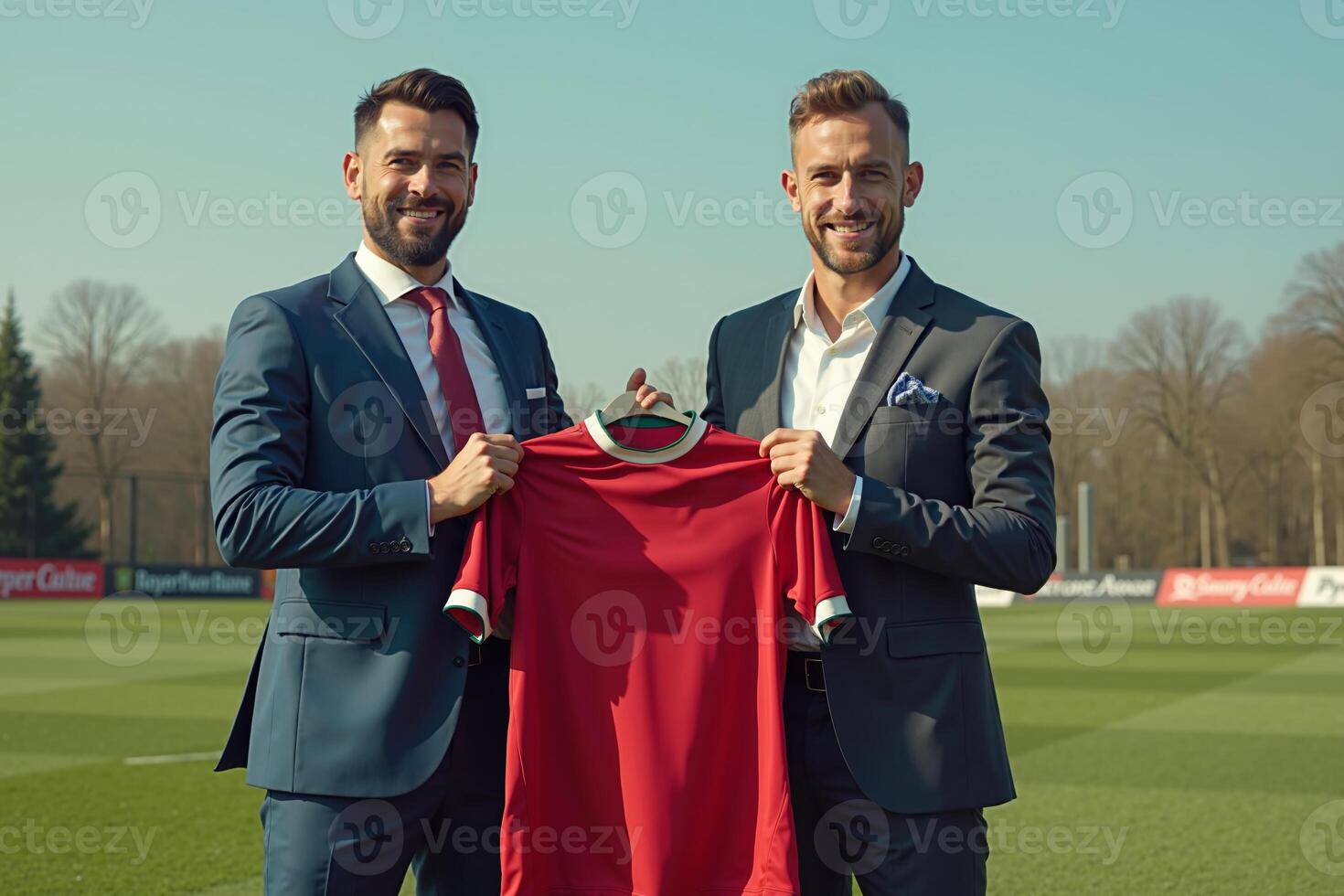 photo of coach and player holding shirt in the stadium field at signing contract event,