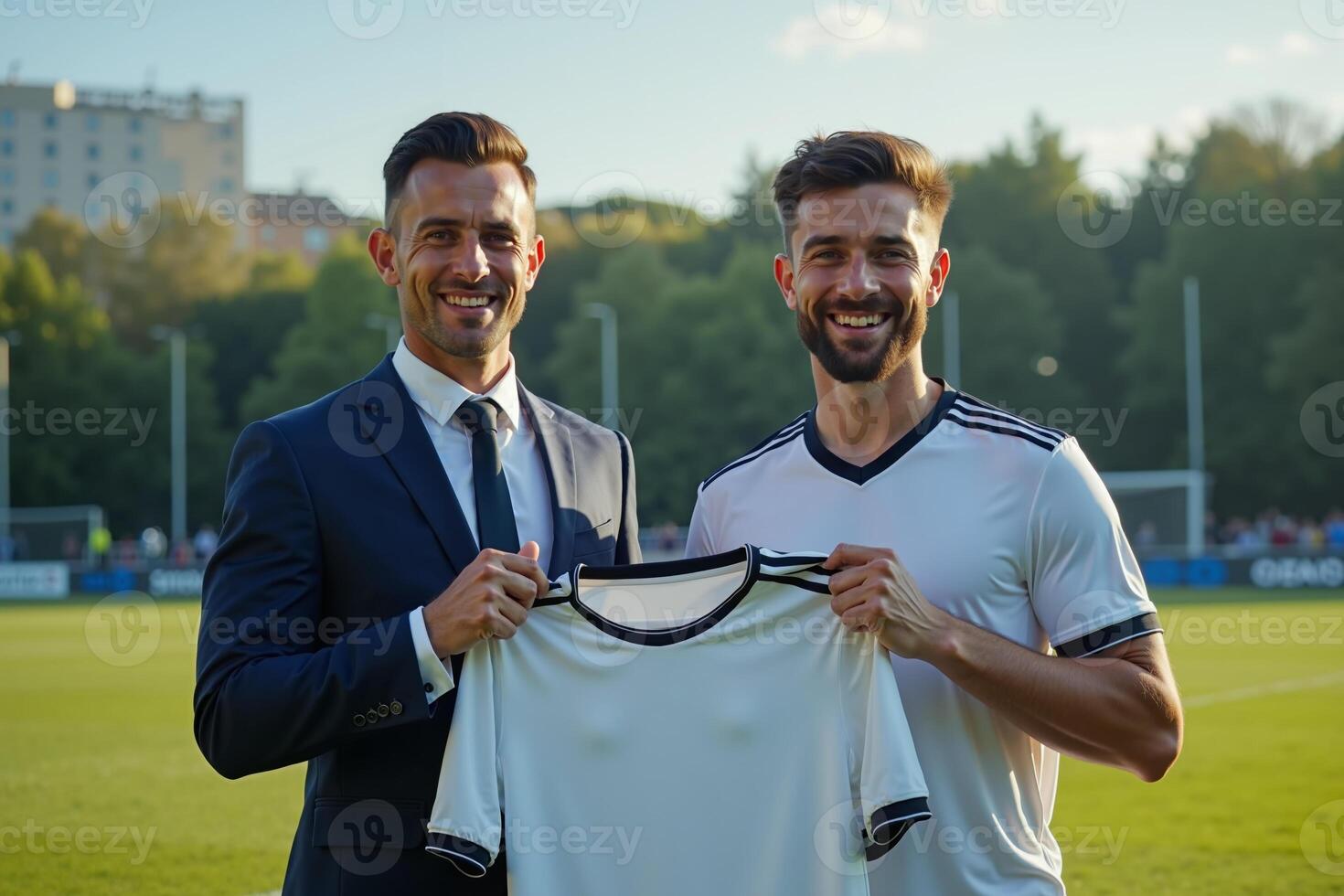 photo of coach and player holding shirt in the stadium field at signing contract event,