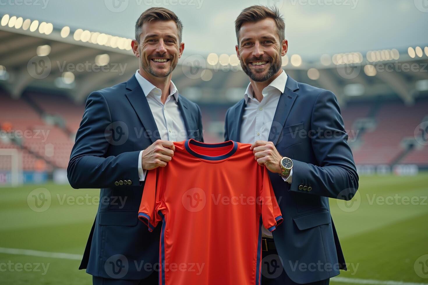 photo of coach and player holding shirt in the stadium field at signing contract event,
