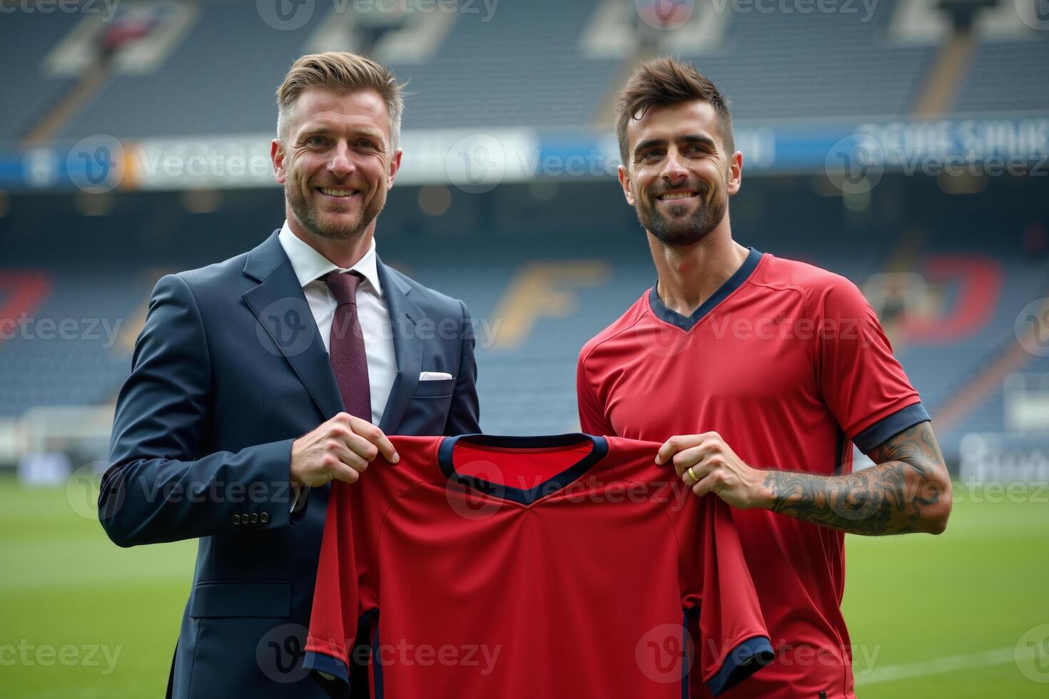 photo of coach and player holding shirt in the stadium field at signing contract event,