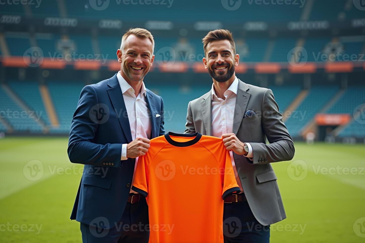 photo of coach and player holding shirt in the stadium field at signing contract event,