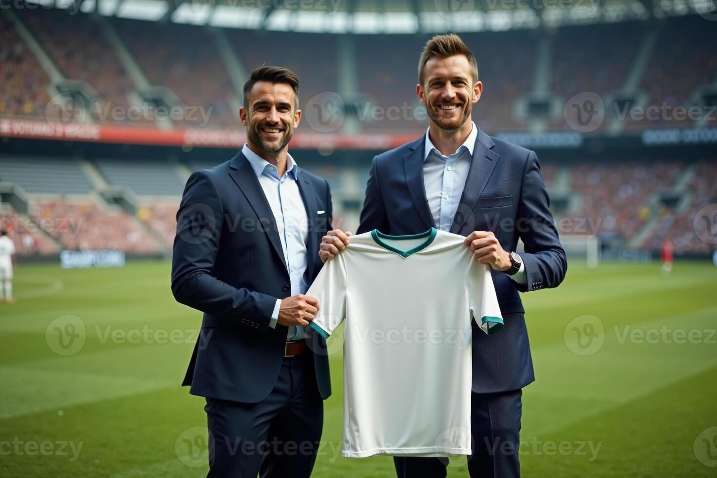 photo of coach and player holding shirt in the stadium field at signing contract event,