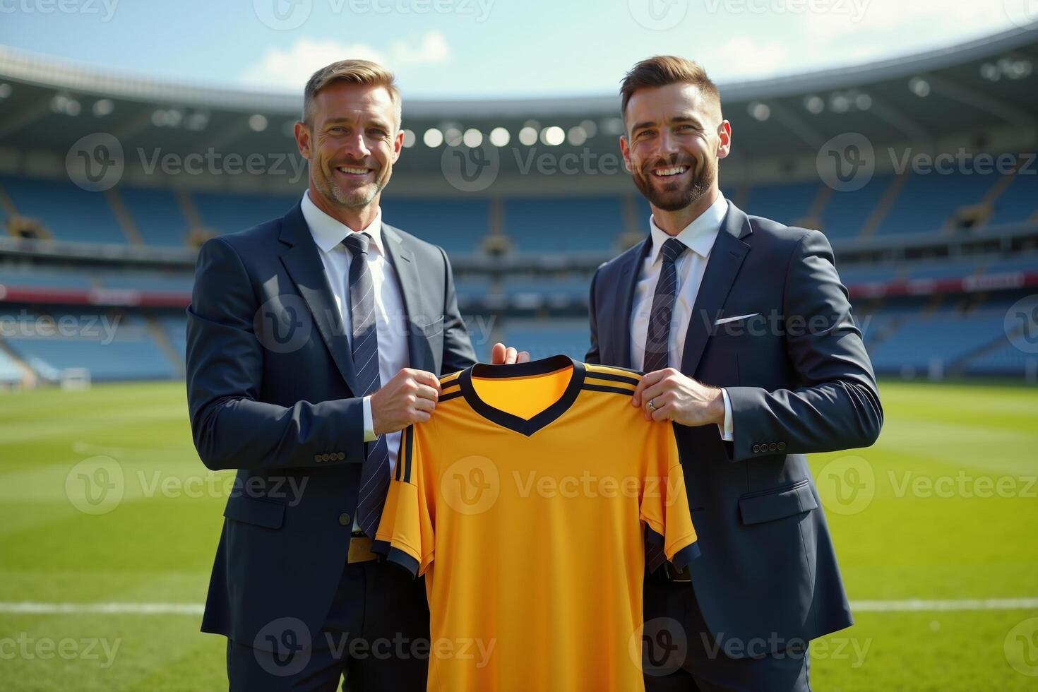 photo of coach and player holding shirt in the stadium field at signing contract event,