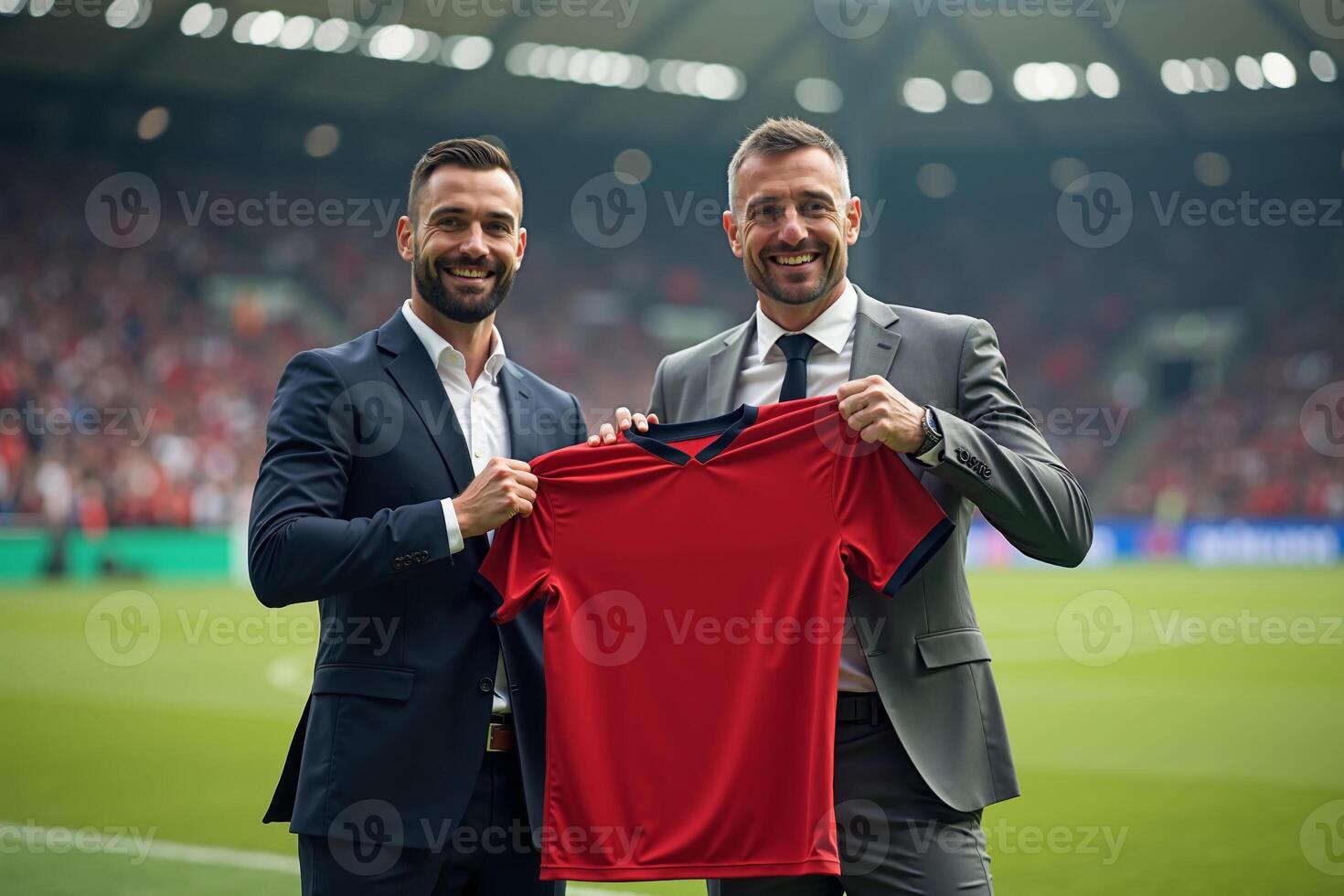 photo of coach and player holding shirt in the stadium field at signing contract event,