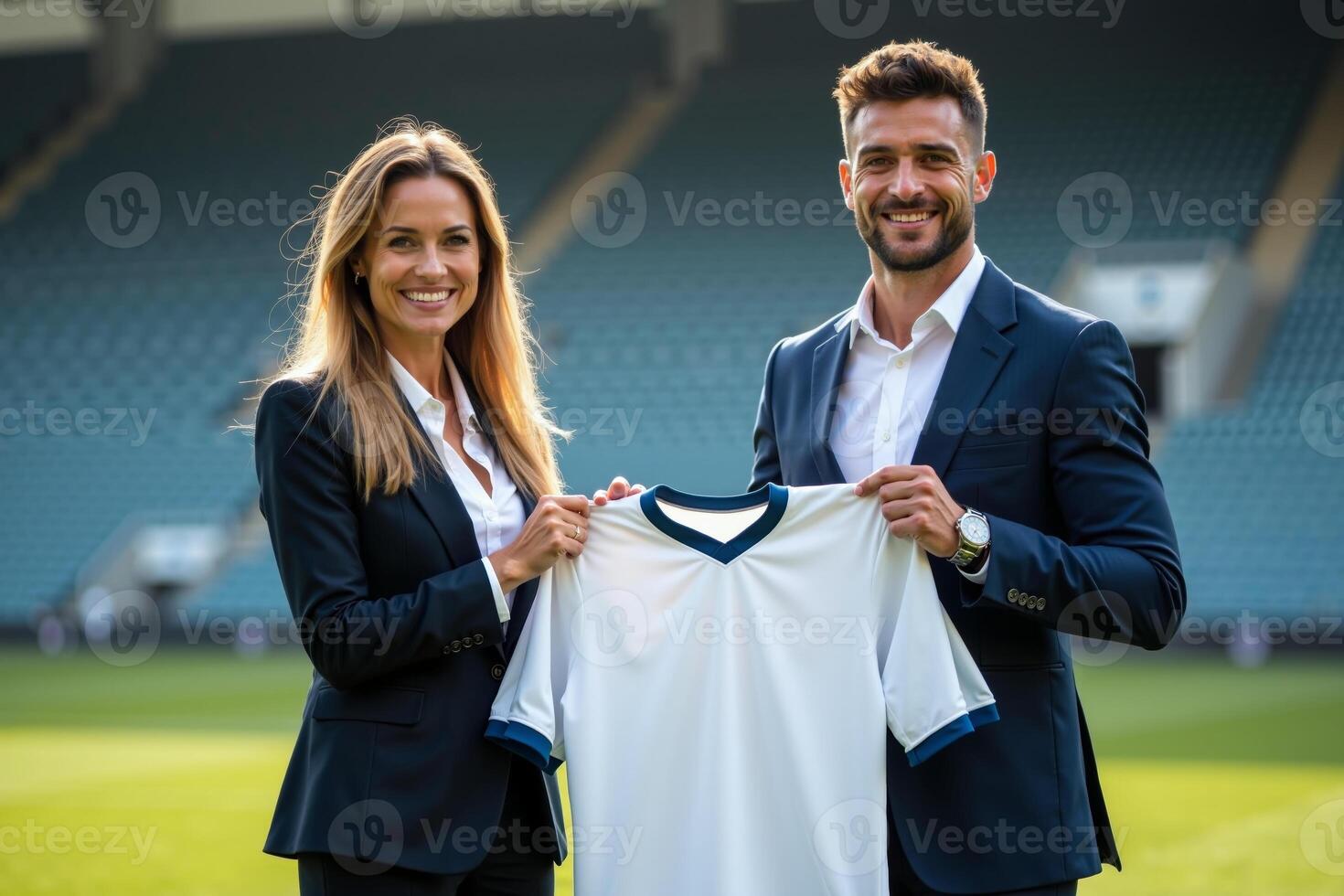 photo of coach and player holding shirt in the stadium field at signing contract event,