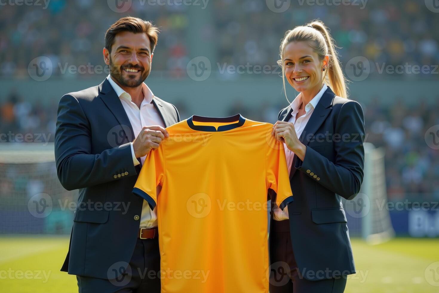 photo of coach and player holding shirt in the stadium field at signing contract event,