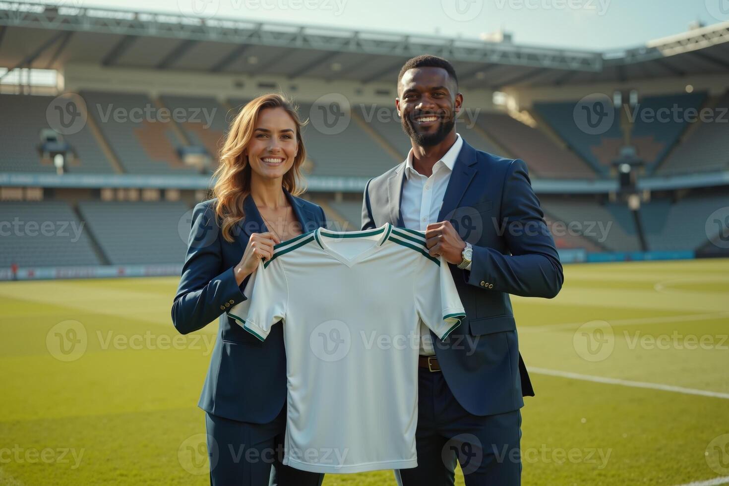 photo of coach and player holding shirt in the stadium field at signing contract event,