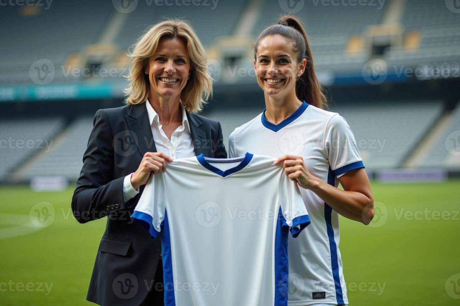 photo of coach and player holding shirt in the stadium field at signing contract event,