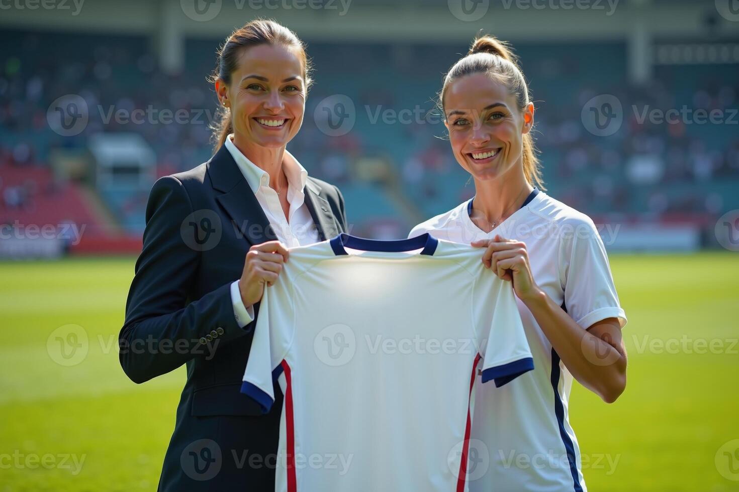 photo of coach and player holding shirt in the stadium field at signing contract event,