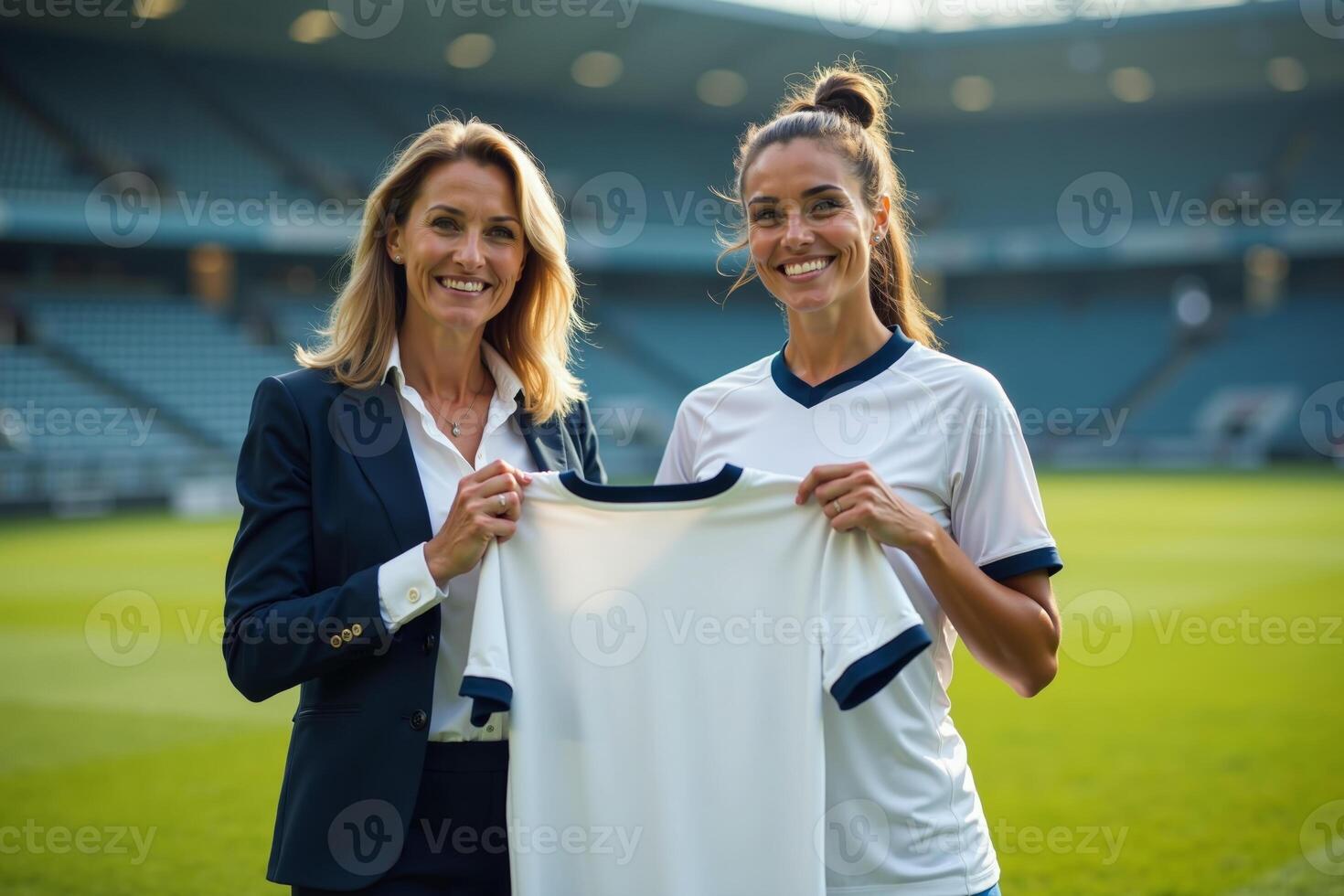photo of coach and player holding shirt in the stadium field at signing contract event,