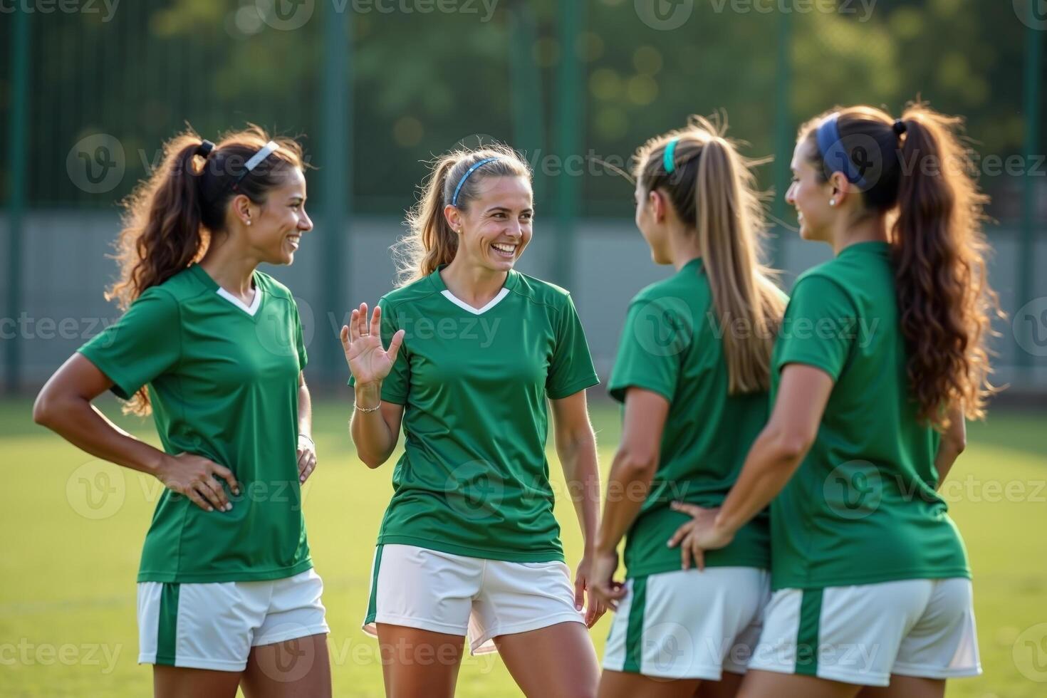 photo of teenage youth soccer player discussing to group at soccer field,