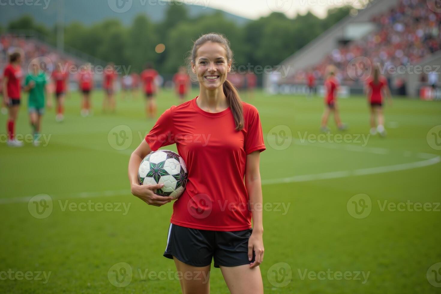 photo of teenage youth soccer player at soccer field,
