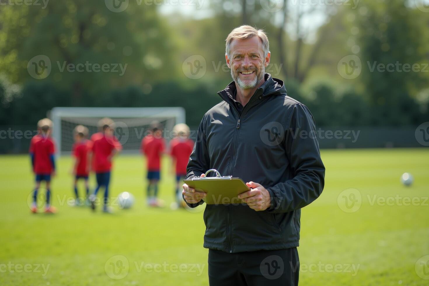 photo of coach instructor trainer teaching teenage player at soccer field,