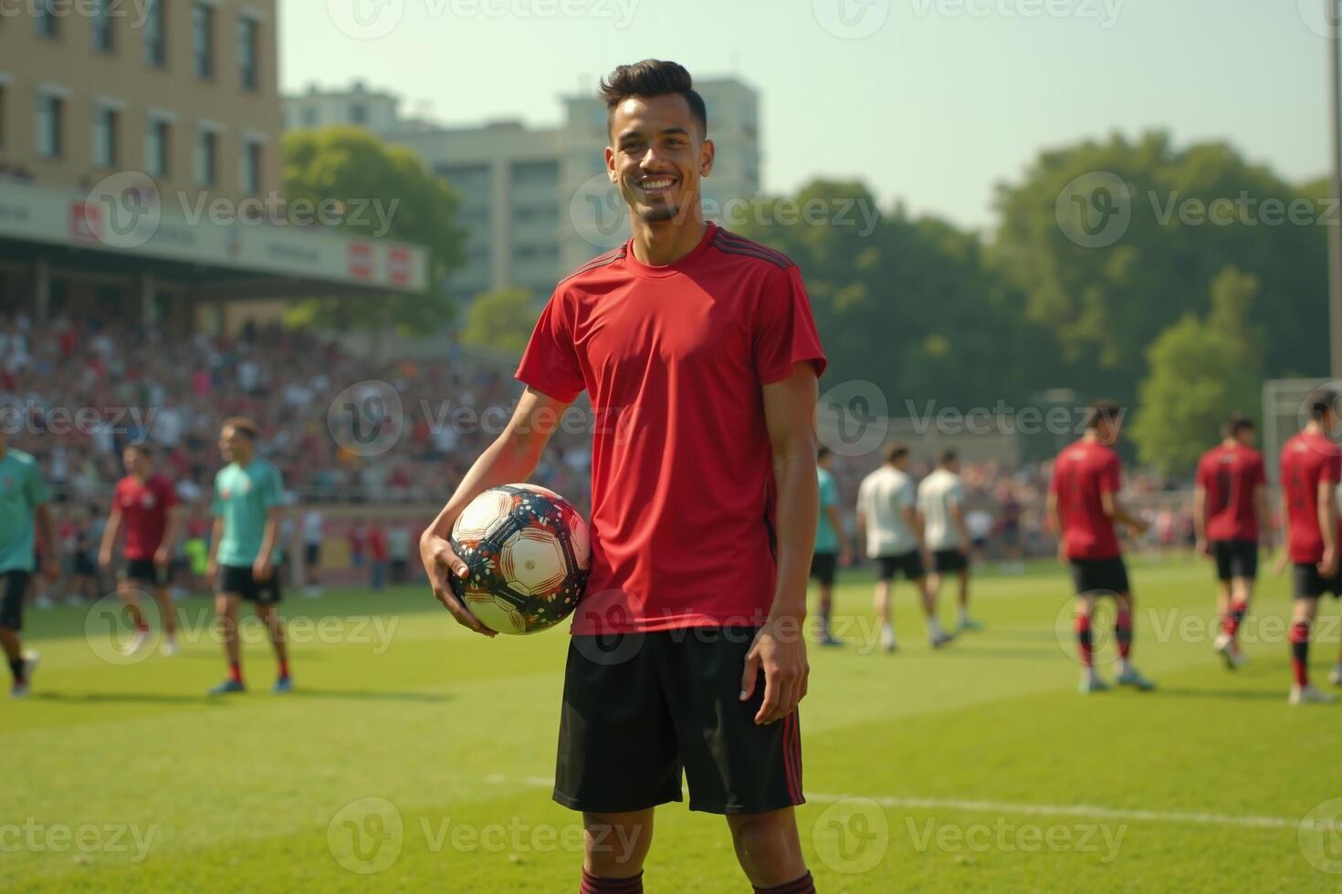 photo of teenage youth soccer player at soccer field,