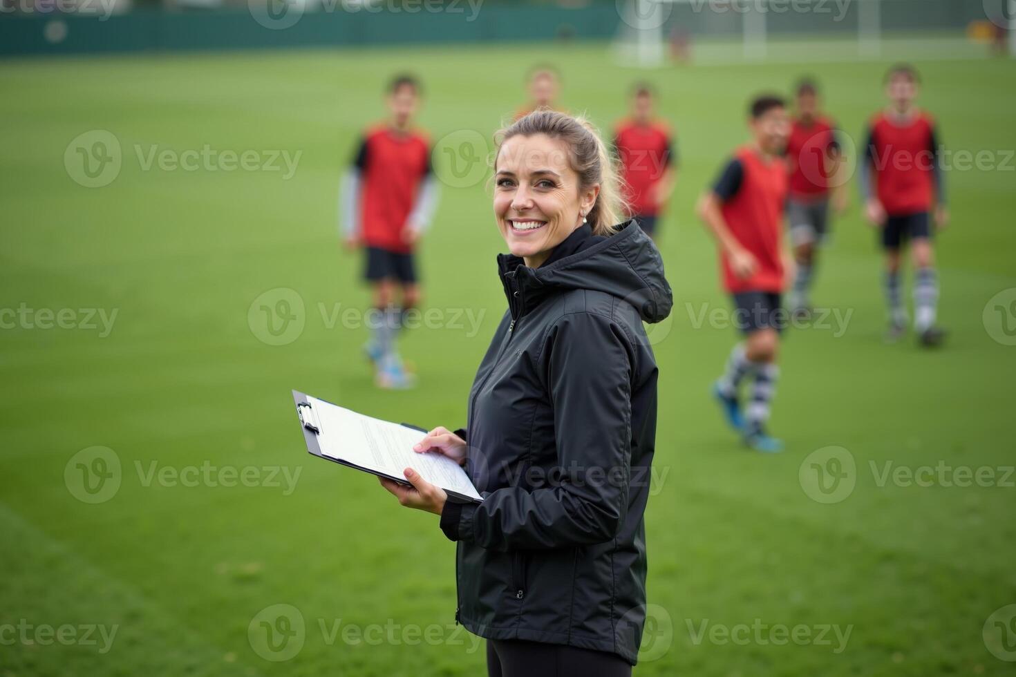 photo of coach instructor trainer teaching teenage player at soccer field,
