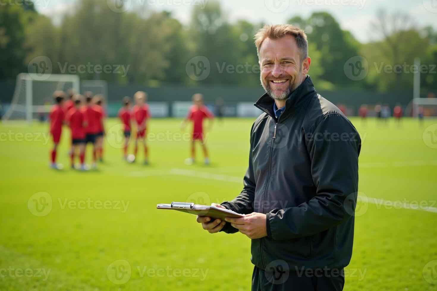 photo of coach instructor trainer teaching teenage player at soccer field,