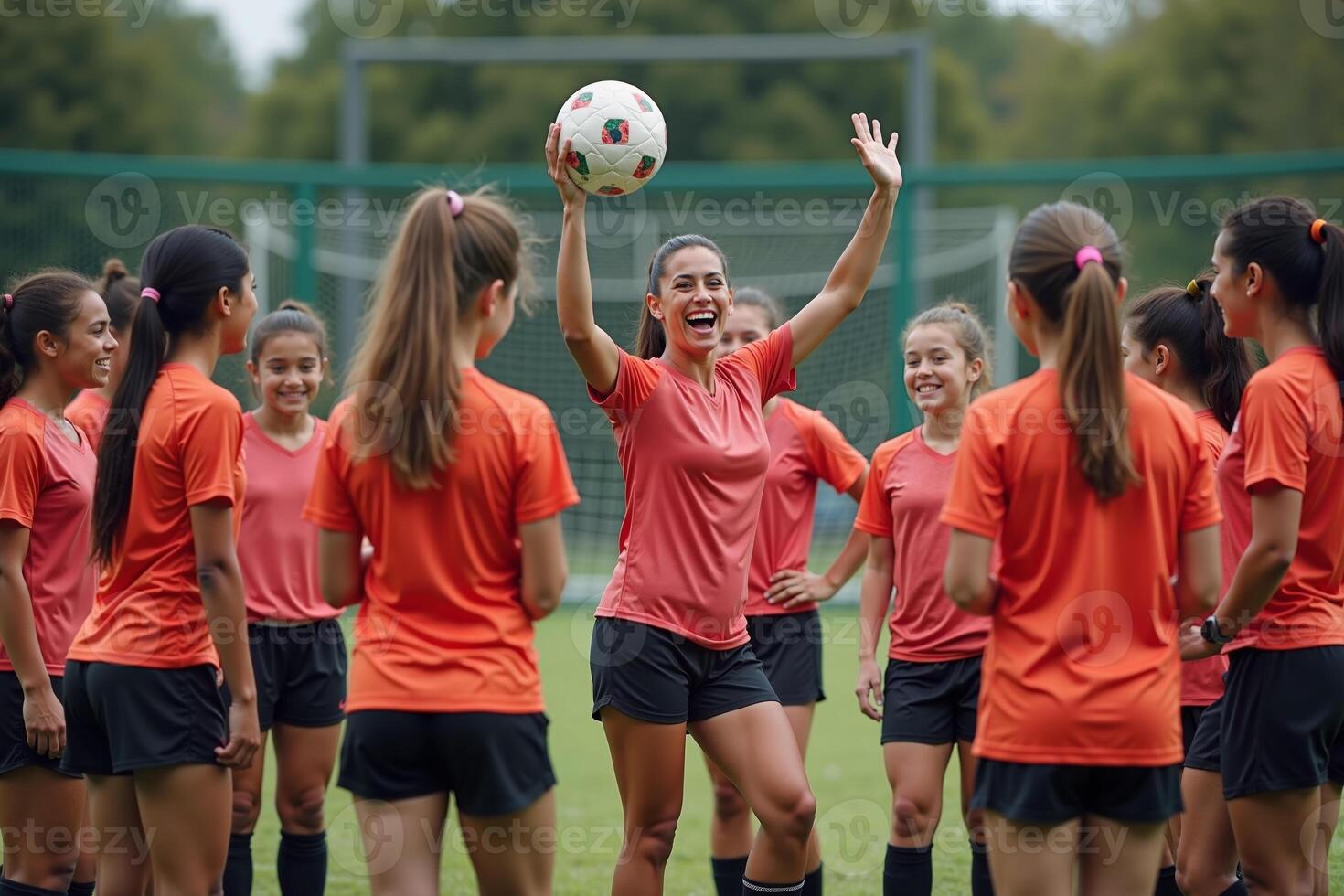 photo of coach instructor trainer teaching teenage player at soccer field,