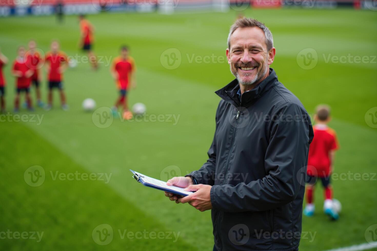 photo of coach instructor trainer teaching teenage player at soccer field,