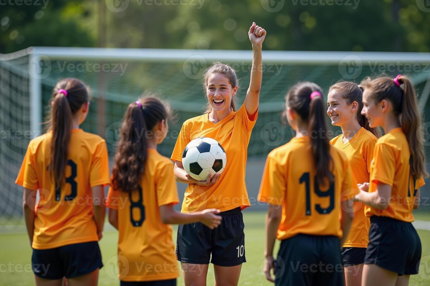photo of coach instructor trainer teaching teenage player at soccer field,