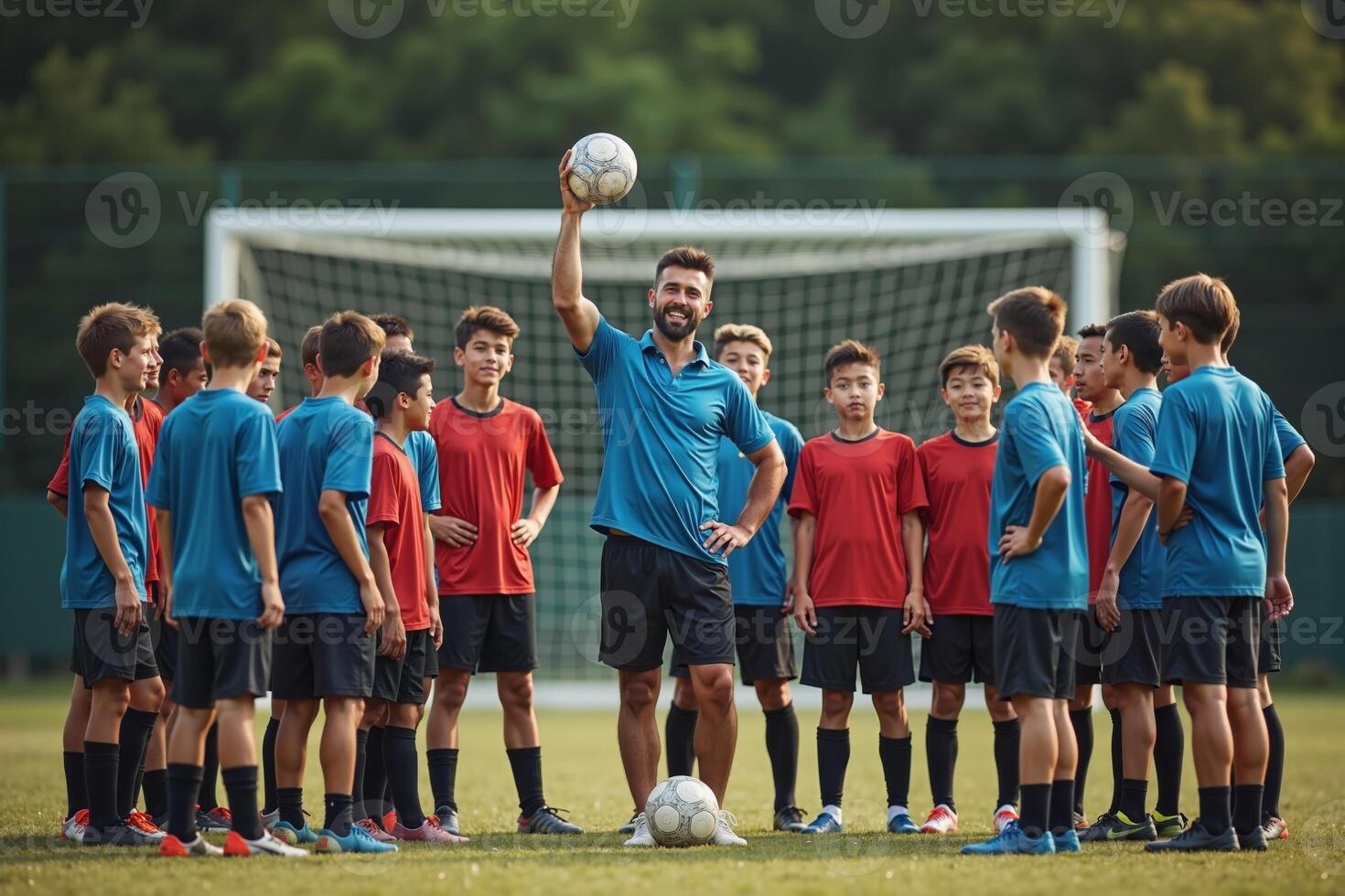 photo of coach instructor trainer teaching teenage player at soccer field,