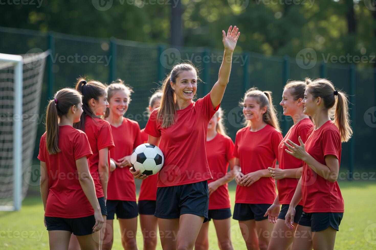 photo of coach instructor trainer teaching teenage player at soccer field,