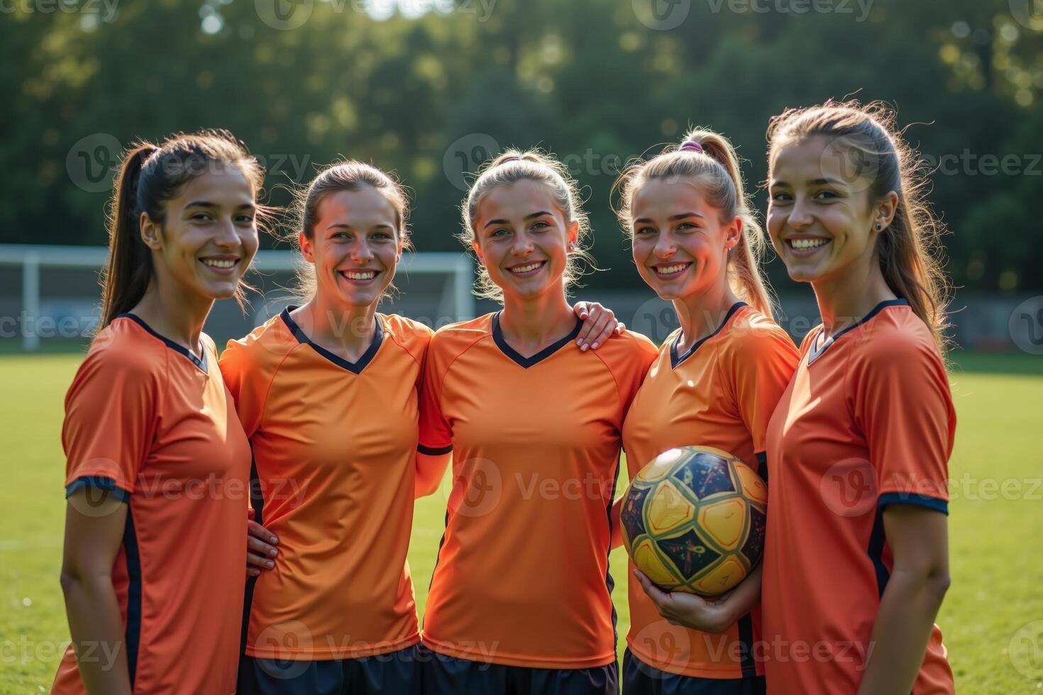 photo of teenage youth soccer player portrait group shot at soccer field,