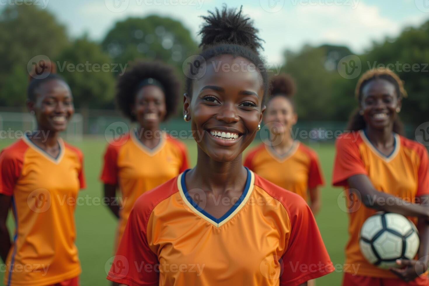 photo of teenage youth soccer player portrait group shot at soccer field,