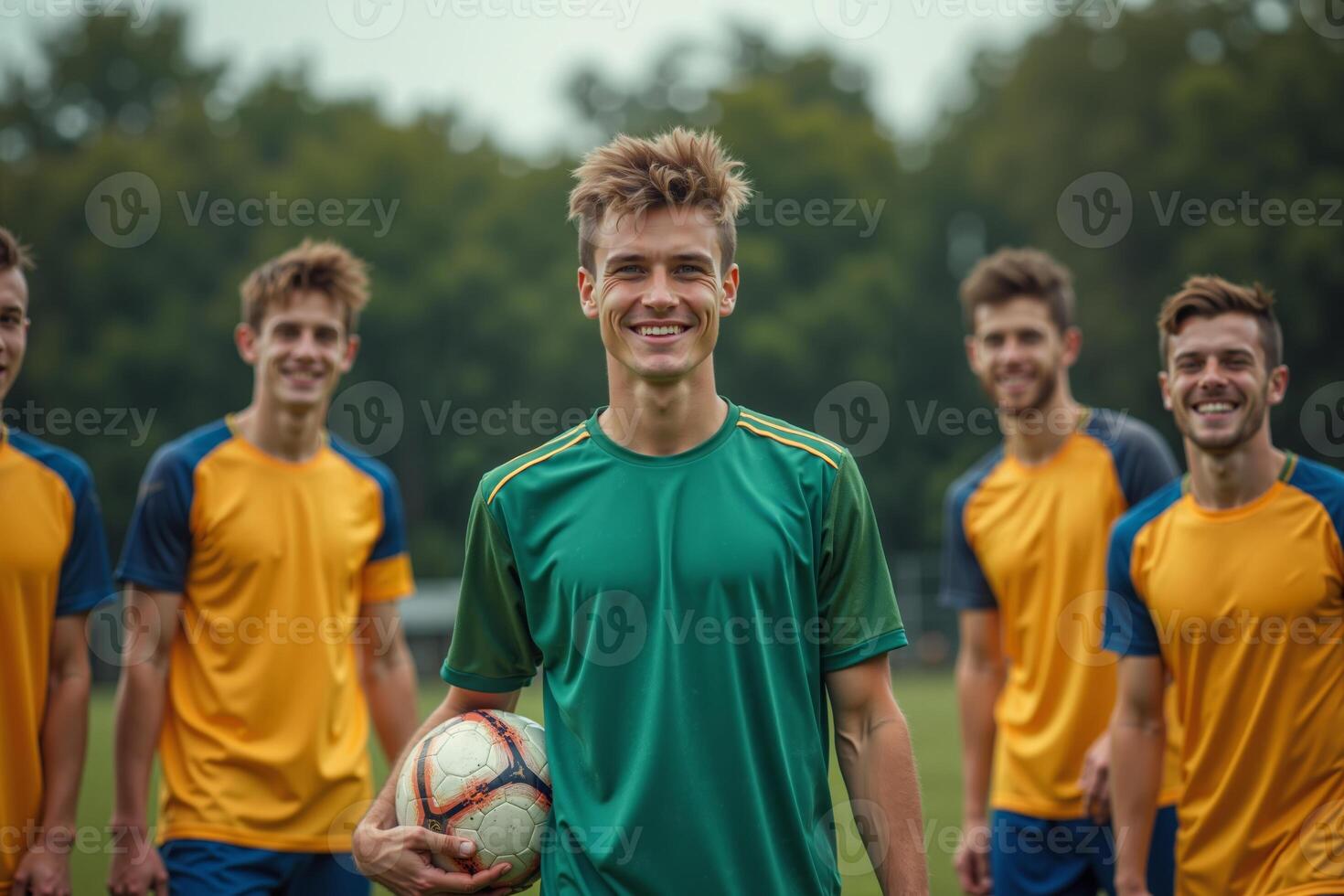 photo of teenage youth soccer player portrait group shot at soccer field,