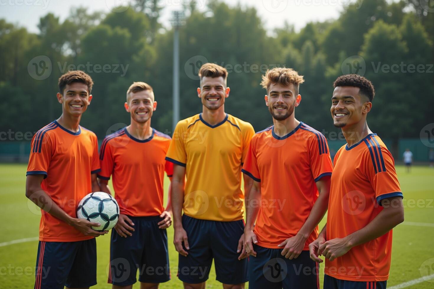 photo of teenage youth soccer player portrait group shot at soccer field,