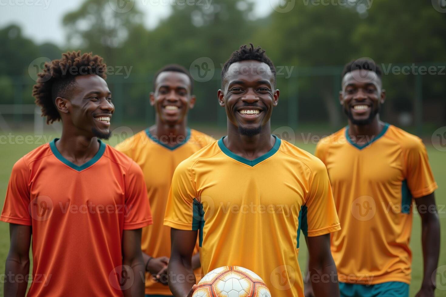 photo of teenage youth soccer player portrait group shot at soccer field,