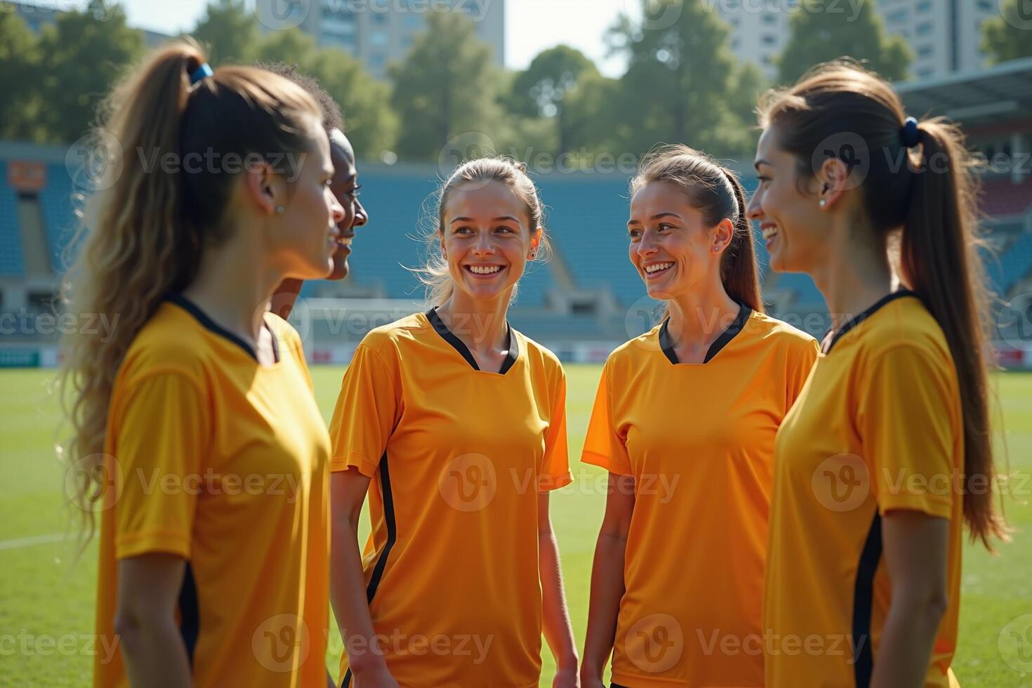 photo of teenage youth soccer player discussing to group at soccer field,