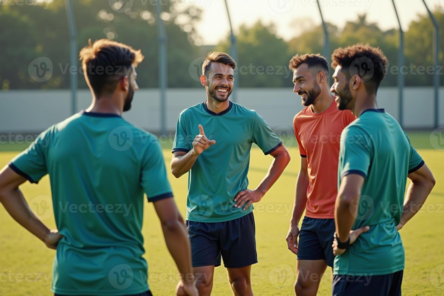 photo of teenage youth soccer player discussing to group at soccer field,