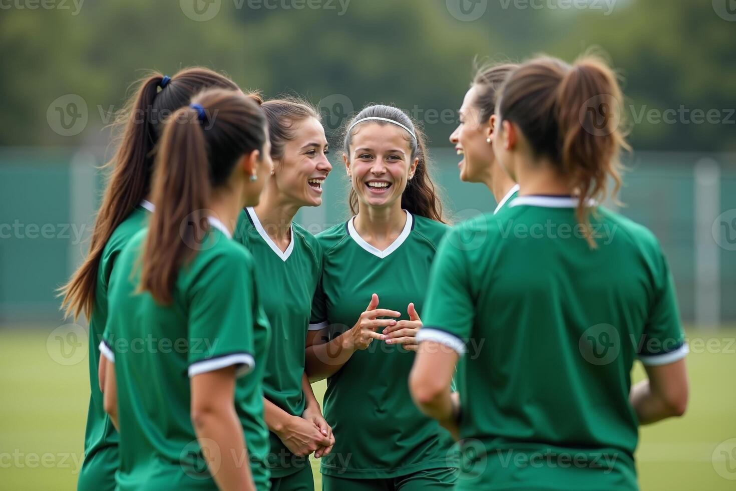 photo of teenage youth soccer player discussing to group at soccer field,