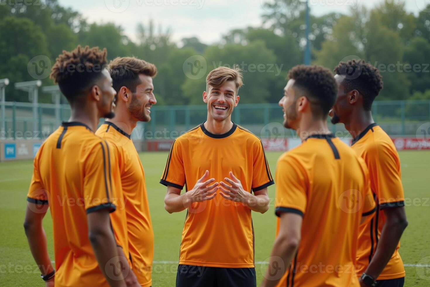 photo of teenage youth soccer player discussing to group at soccer field,