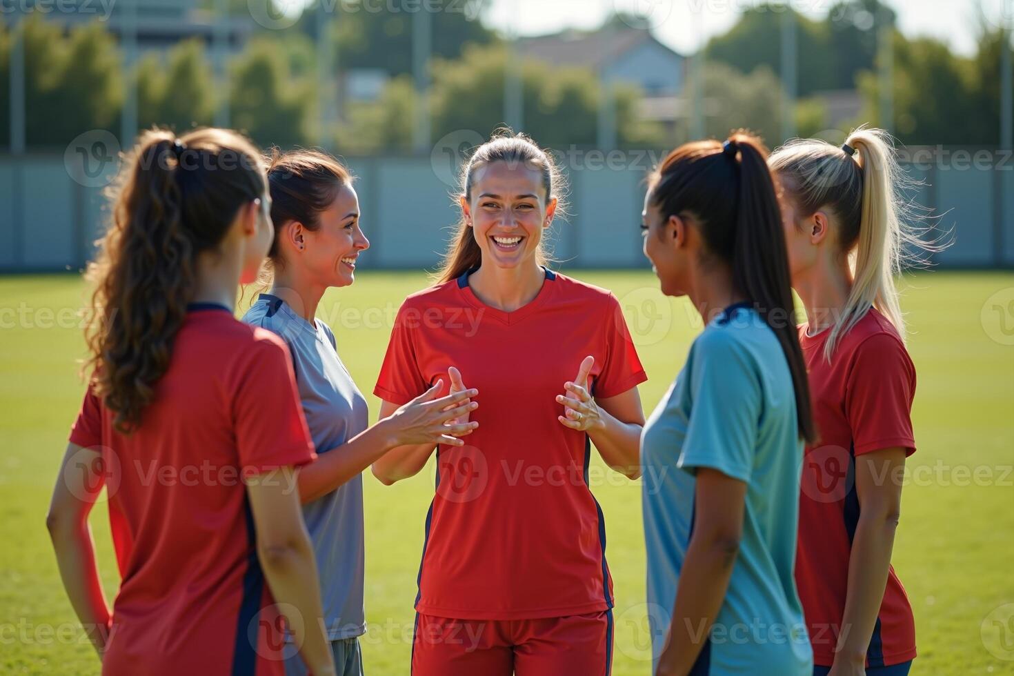 photo of teenage youth soccer player discussing to group at soccer field,