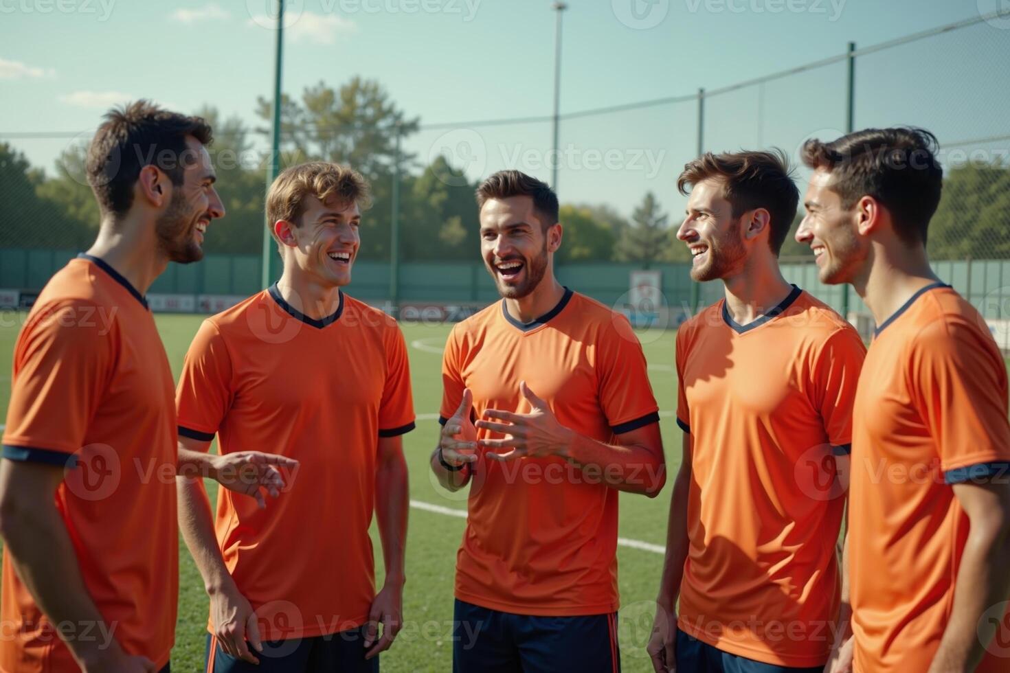 photo of teenage youth soccer player discussing to group at soccer field,