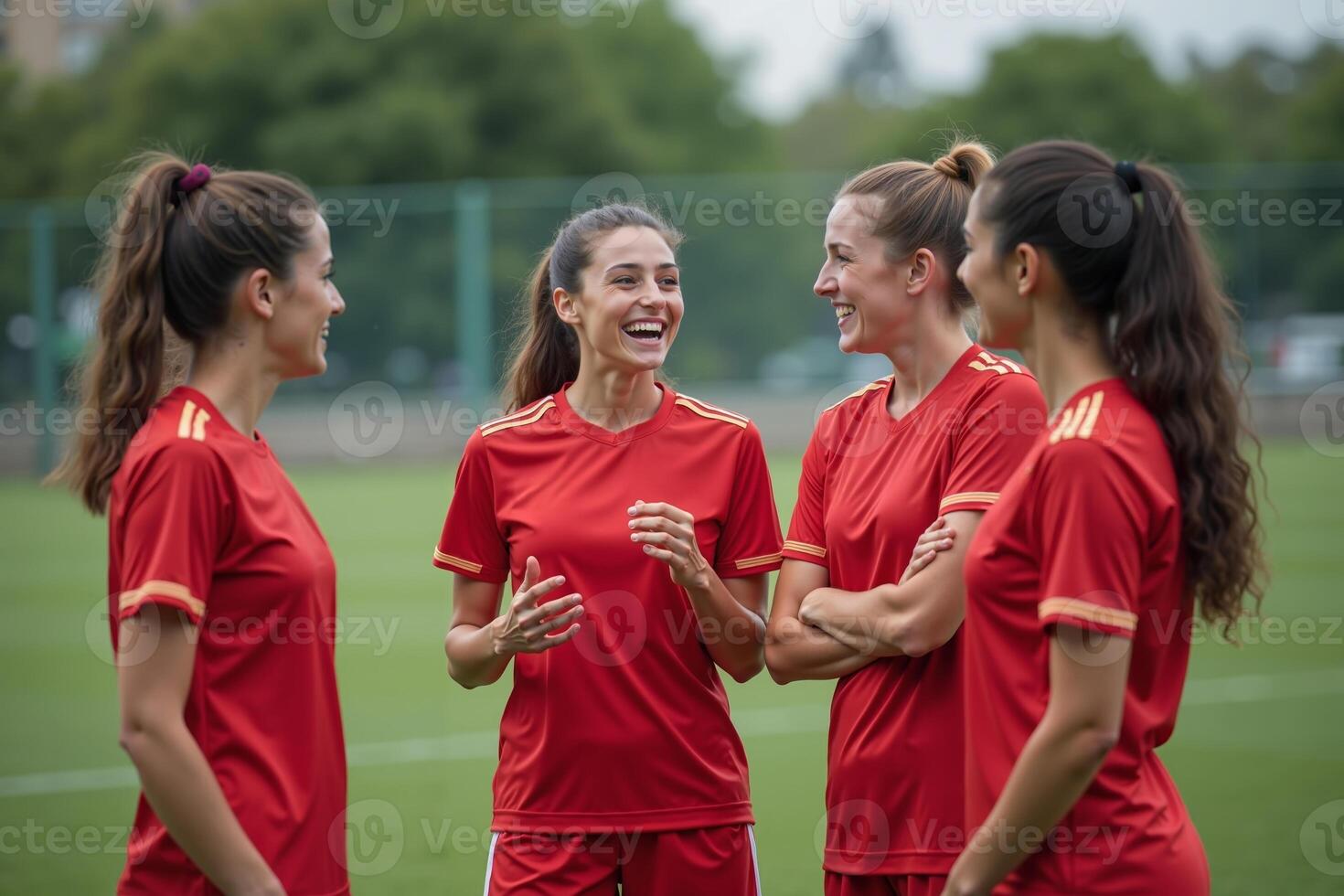 photo of teenage youth soccer player discussing to group at soccer field,