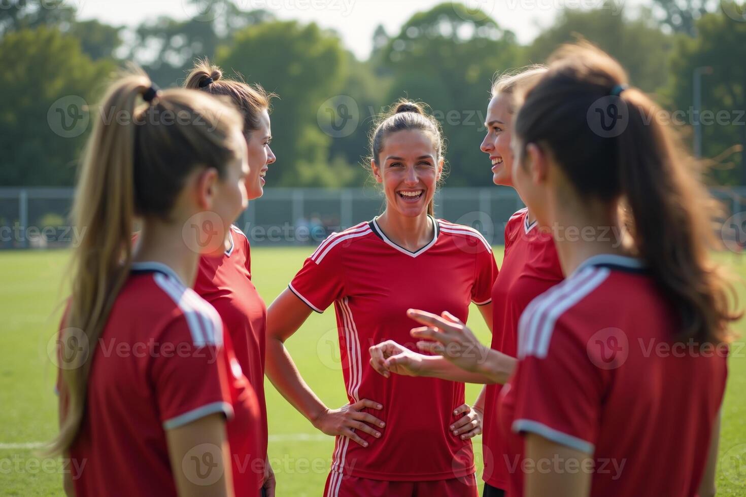 photo of teenage youth soccer player discussing to group at soccer field,