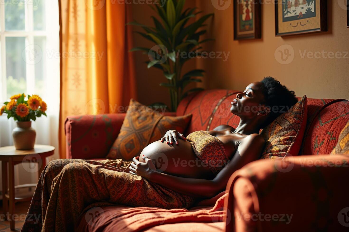 photo of pregnant woman relaxing lay down on sofa at her house,