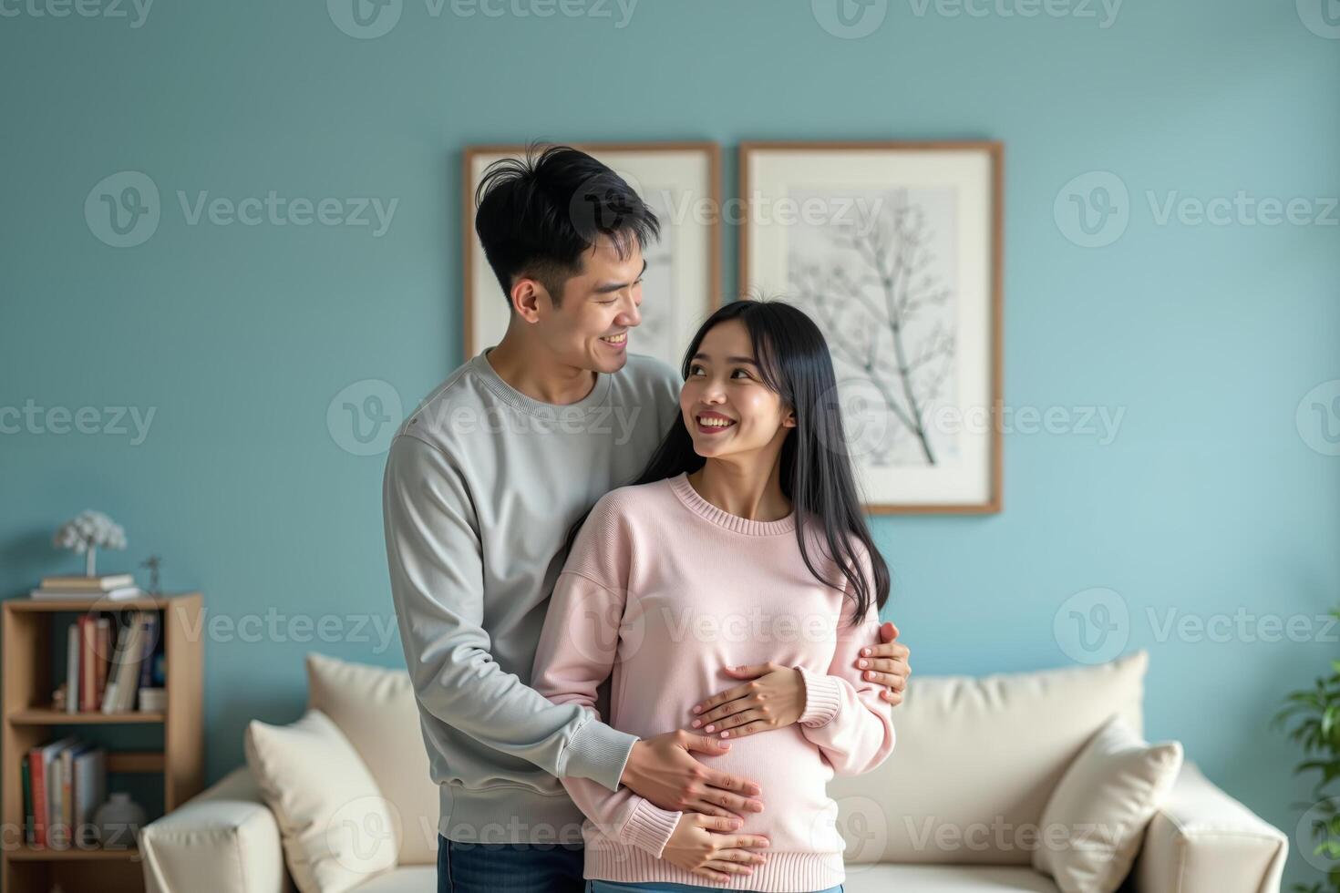 photo of couple man and pregnant woman relaxing standing both hands touching her belly at house,