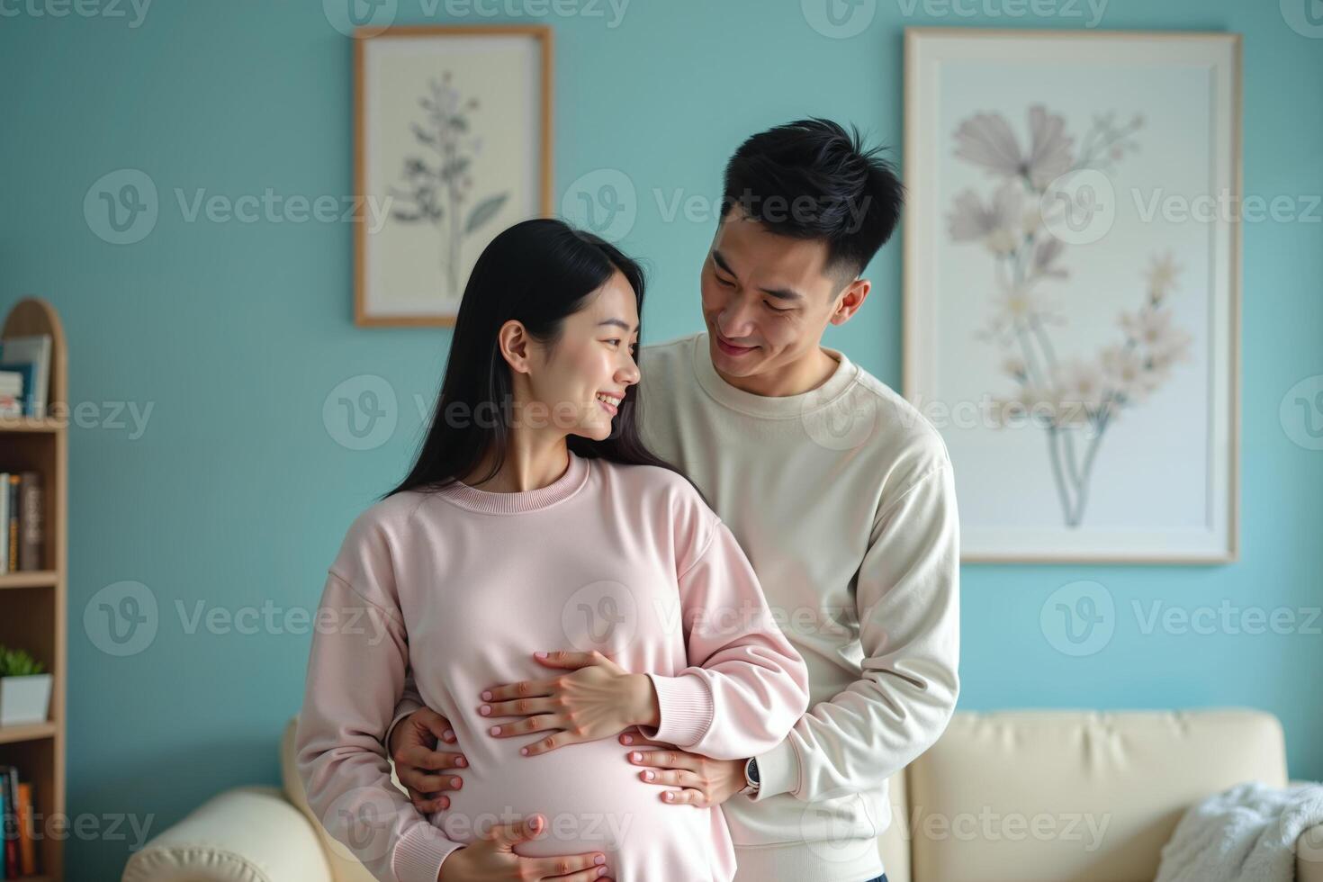photo of couple man and pregnant woman relaxing standing both hands touching her belly at house,