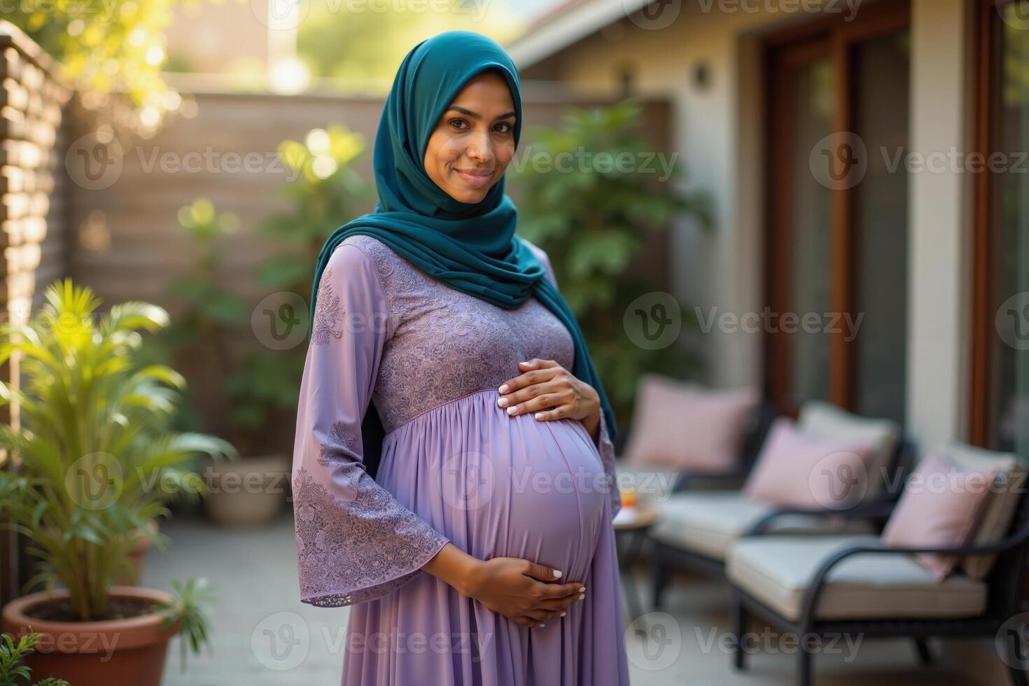 photo of pregnant woman standing pose at her fresh backyard house,
