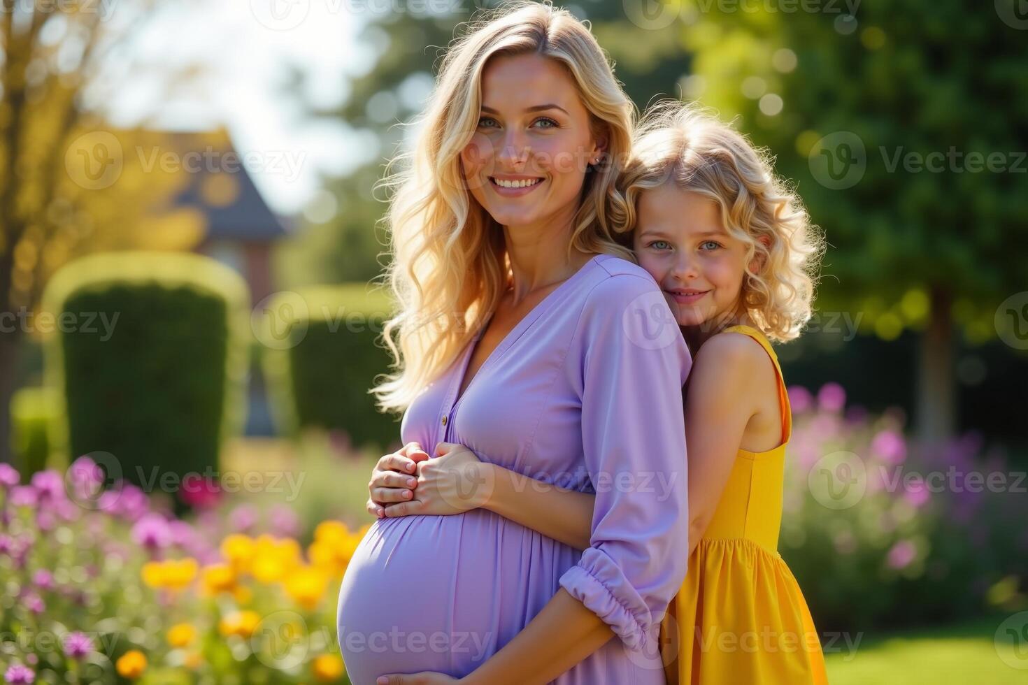 photo of pregnant woman and her kid standing and hugging at garden field,