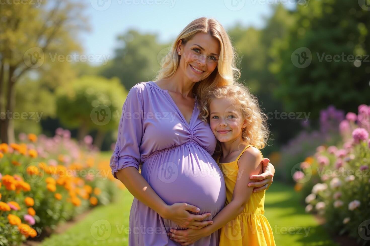 photo of pregnant woman and her kid standing and hugging at garden field,