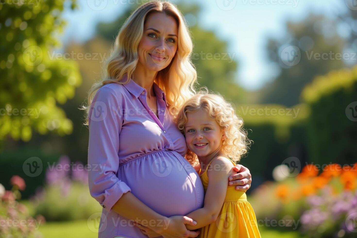 photo of pregnant woman and her kid standing and hugging at garden field,