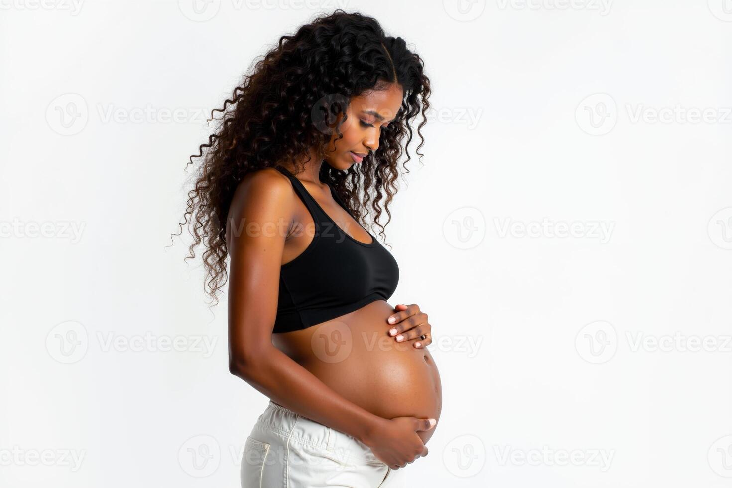photo of pregnant woman standing pose on white background,