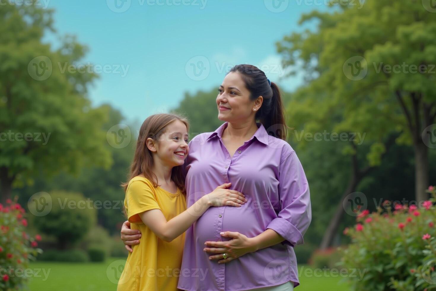 photo of pregnant woman and her kid standing and hugging at garden field,