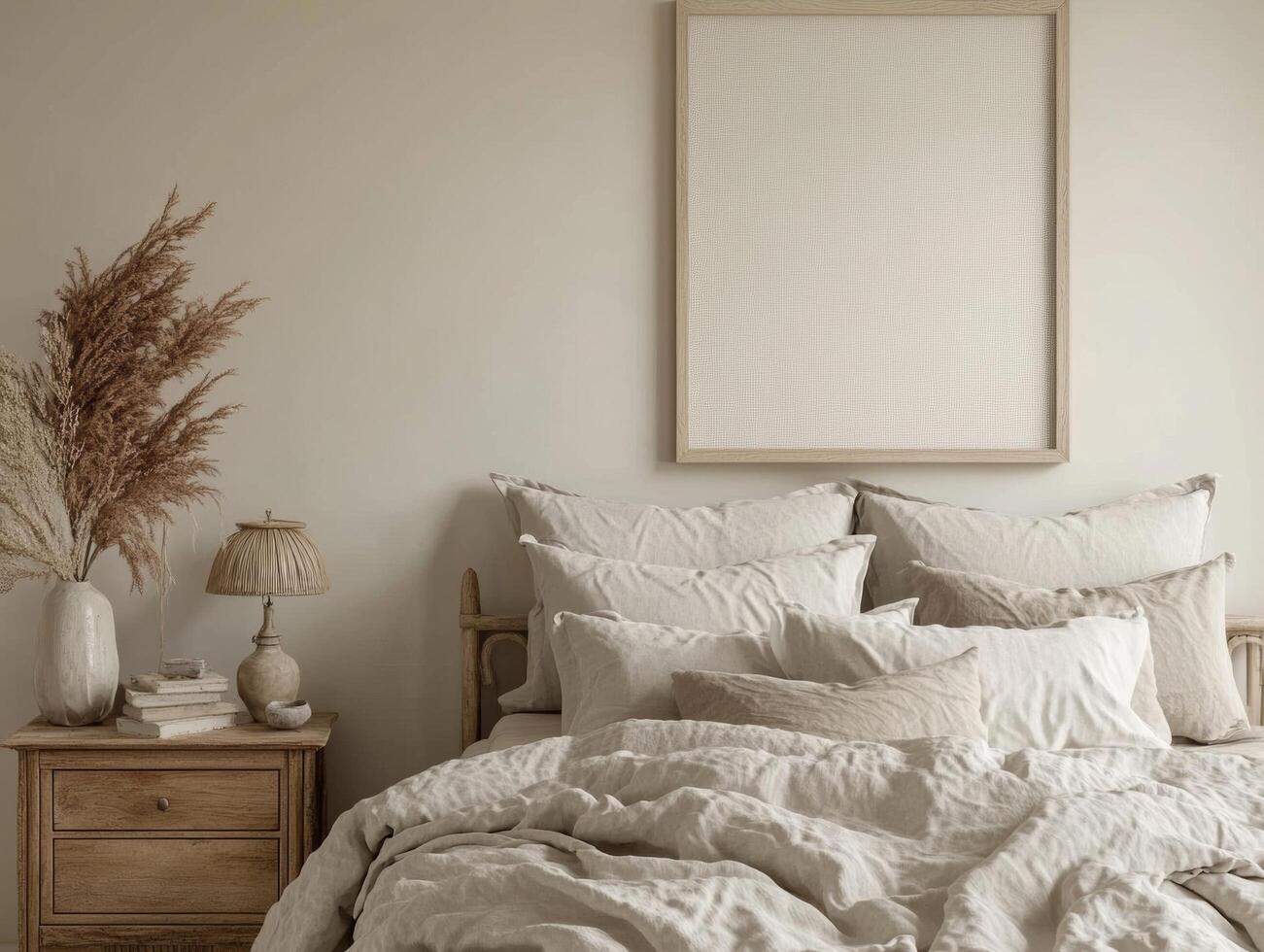 Frame Mockup Above Bed with Neutral Linens and Rustic Decor Elements photo
